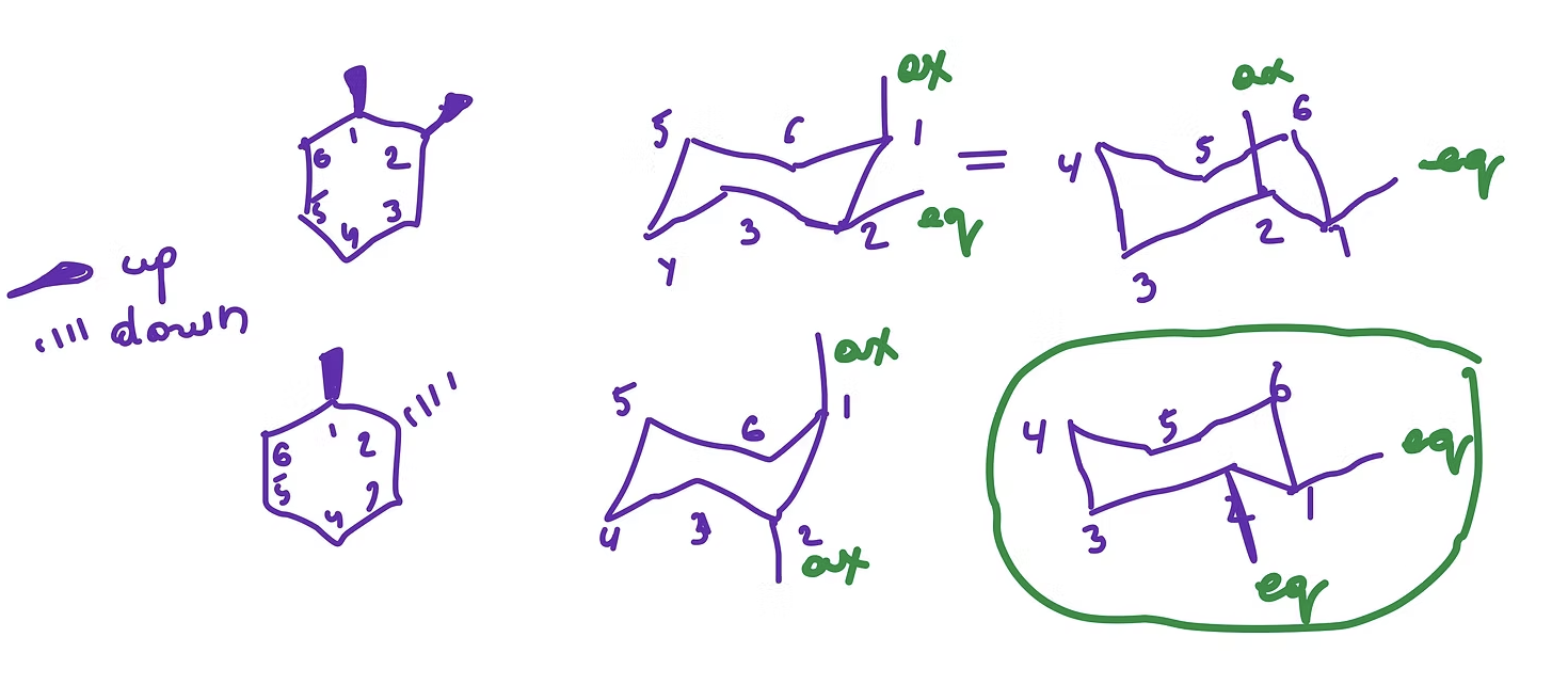 <p>sold wedge = up (axial or equatorial up)</p><p>dashed wedge = down ( axial or equatorial down)</p><p></p><p>the most stable chair is when the groups are equatorial</p>