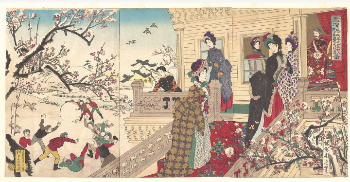 <p>Children Playing in the Snow under Plum Trees in Bloom </p>