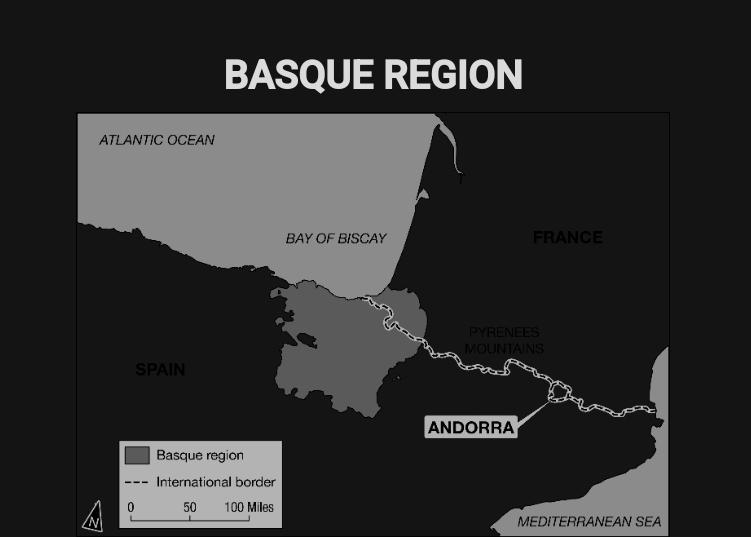 <p>Local and regional autonomous governments and a separatist militia group have been established within the Basque region shown on the map. How do these local and regional governments compare with the national governments of Spain and France?</p>