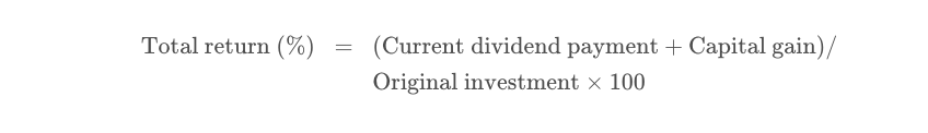 <p>a calculation that includes the annual dividend as well as any increase or decrease in the original purchase price of the investment</p>