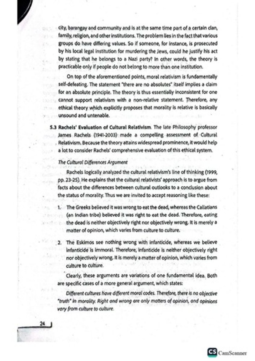 <p>Cultural relativism is the belief that morality is defined by what is socially approved by the majority in a particular culture.</p>