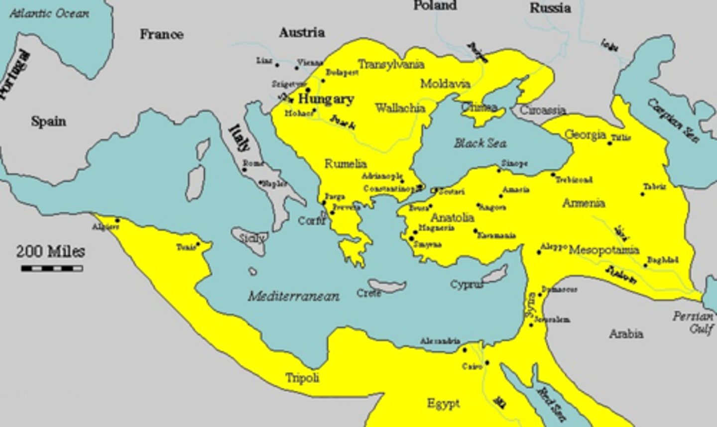 <p>Islamic state of Turkic speaking peoples lasting from 1453 to 1922; conquered the Byzantine Empire in 1453; based at Istanbul (formerly Constantinople); encompassed lands in the Middle East, North Africa, the Caucasus, and eastern Europe; famous for their gunpowder armies and Janissaries</p>