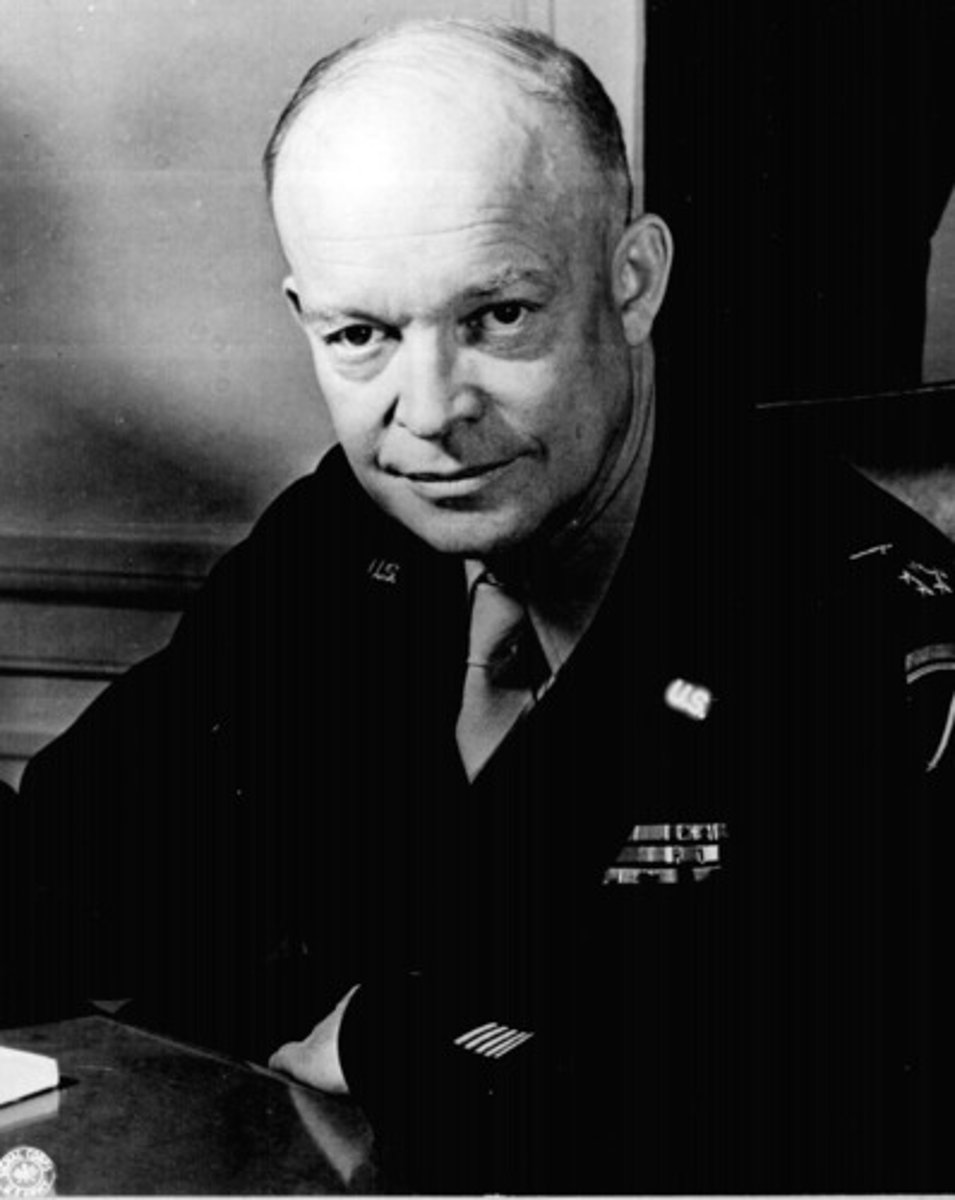 <p>In charge of Allied troops in WWII. Domino Theory established, Cold War deepened, sent US military advisers to Vietnam; president when Supreme Court decided Brown v. Board of Education, and created the Interstate Highway System (for purposes of national defense)</p>