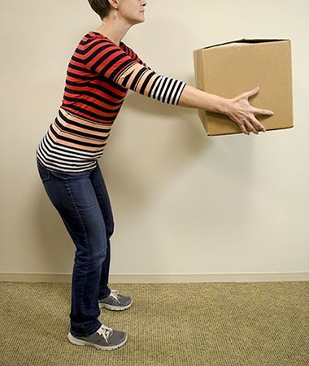 <p>Which of the following instructions would be MOSTappropriate to give to the person in the photograph?</p><p>1. Straighten the knees.</p><p>2. Bend the elbows.</p><p>3. Put on a back brace.</p><p>4. Place the feet together.</p>