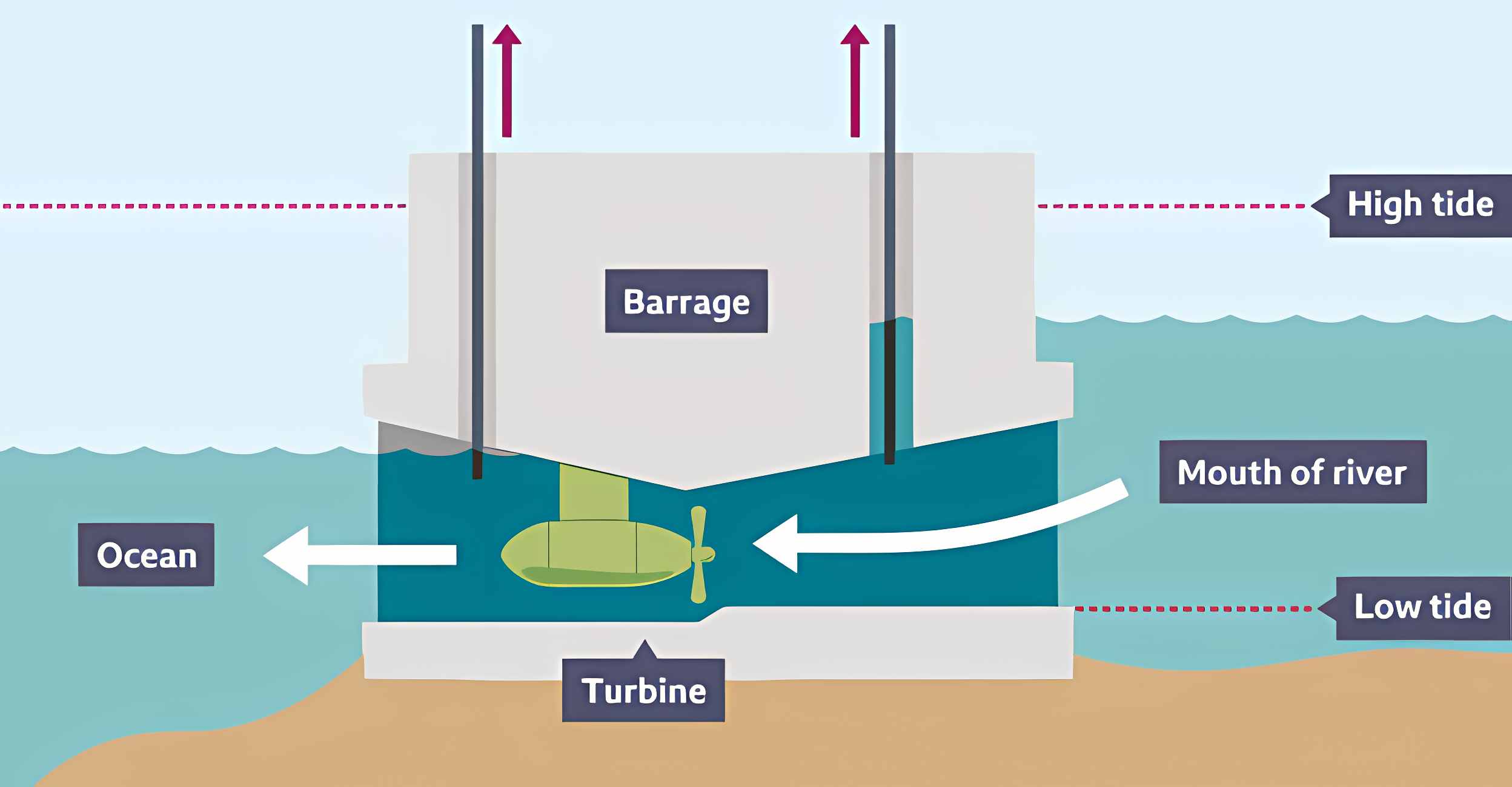 <p><span>Barrages generate power by turning a turbine as the tide comes in and out.</span></p>