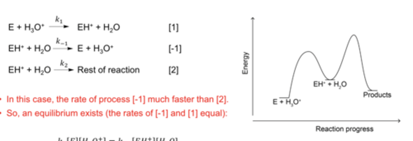 <p>In many reactions, species involves in rate determining step are in equilibrium with the reagents:</p><p>The rate of the backward process is much faster than the forward process, leading to an equilibrium state</p>