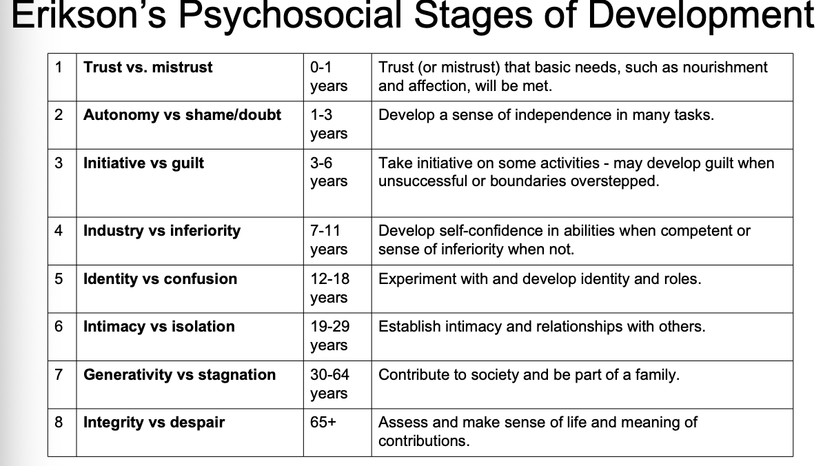 <ul><li><p>the social nature of development </p></li><li><p>personality development takes place across lifespan</p></li><li><p>based on belief that social interactions affect our sense of self (ego identity)</p></li><li><p>psychosocial task we must master in order to feel a sense of competence </p></li></ul>