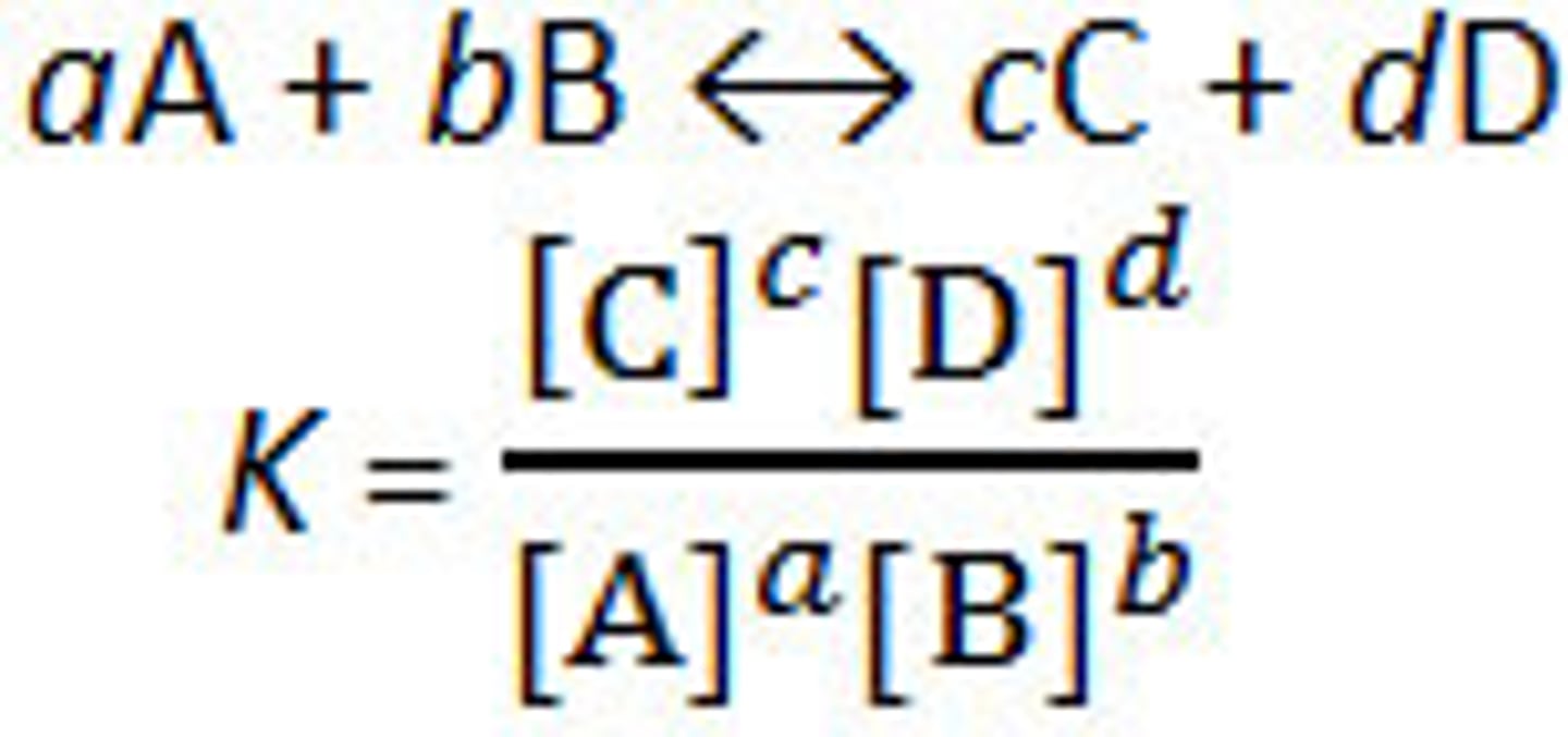 <p>the ratio of product concentration to the reactant concentration at equilibrium (no units)</p>