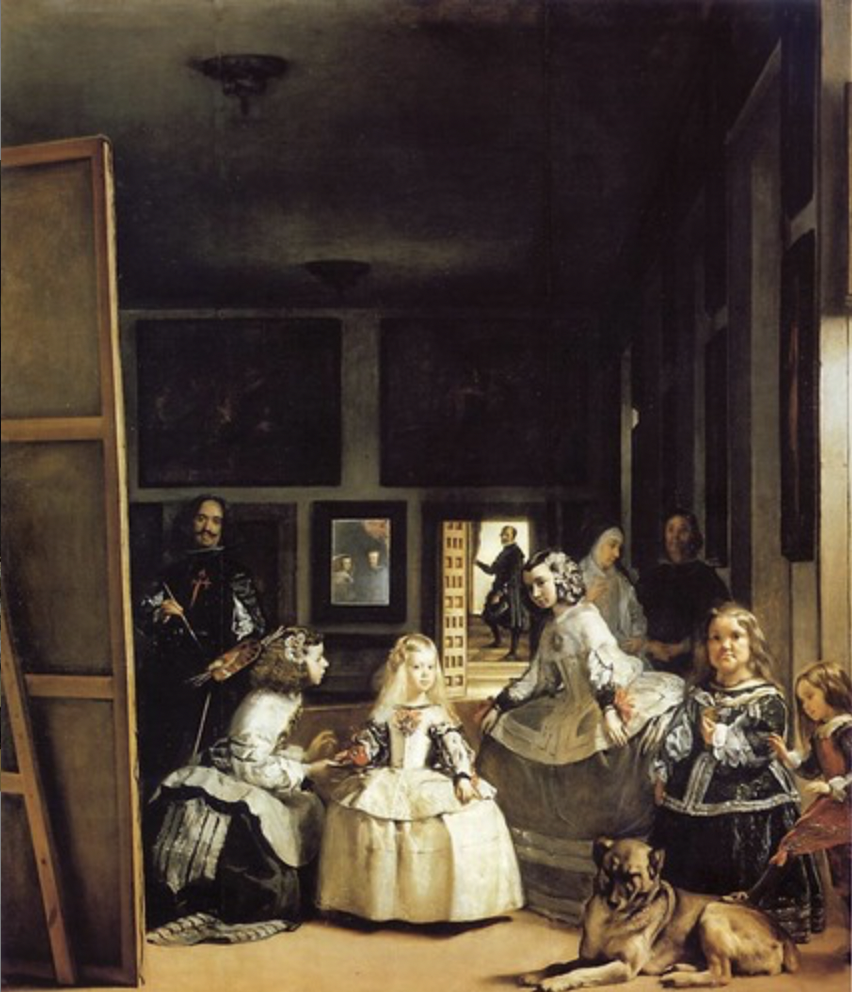 * Trying to place himself within the spanish royal family and the fact that they’re comfortable with him, shows his influence and how he's trying to elevate the status of an artist
* Because of the mirror in the background the viewer is taking the  perspective of the king and queen (is this flattery or mocking the viewer?)
* Complicated narrative when it comes to addressing the viewer
