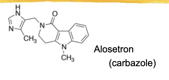 <p>similar structure to zofran</p><p>5HT3 antagonist, but not used for nausea - used to treat IBS-D in women only</p><p>ADRs: ischemic colitis, constipation</p>