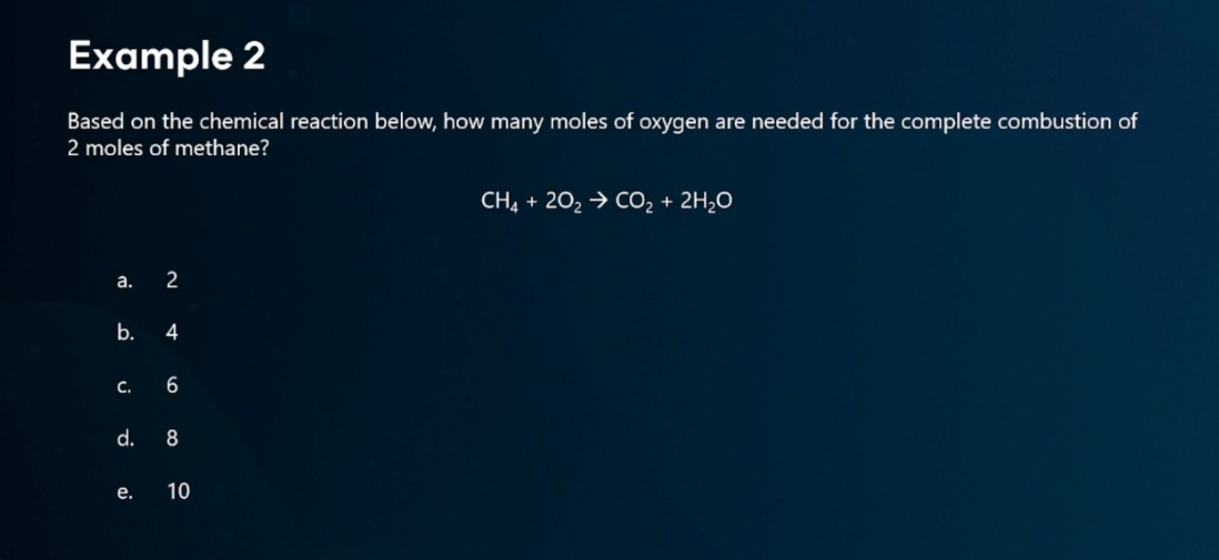 <p>Based on the chemical reaction, how many moles of oxygen are needed for the complete combustion of 2 moles of methane?&nbsp;</p>