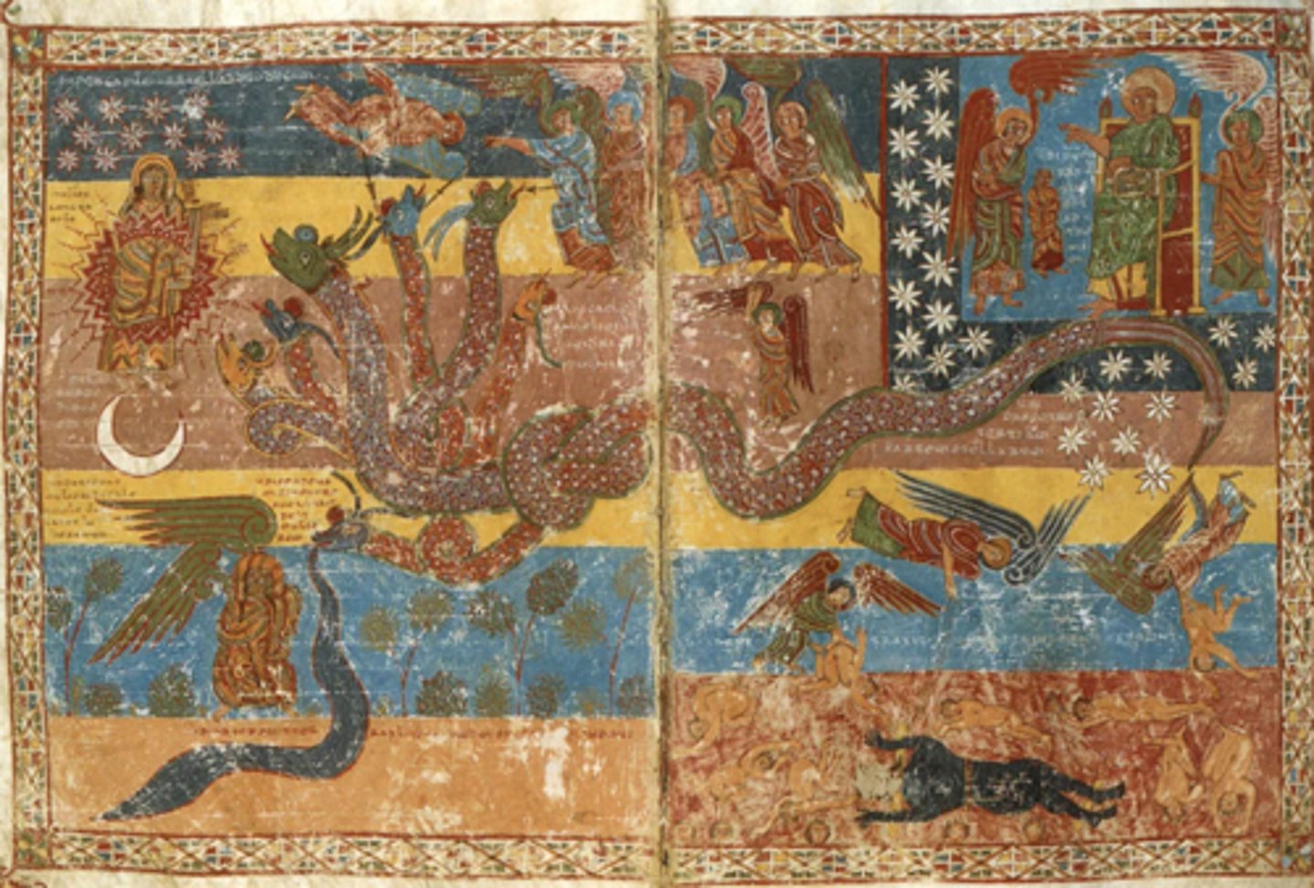 <p>images showed what was in text, must have helped kids learn</p><p>depicts scenes from Revelations 12, in which the woman represents the Virgin Mary escaping from the seven headed dragon, which is represented by the devil or Satan.</p>