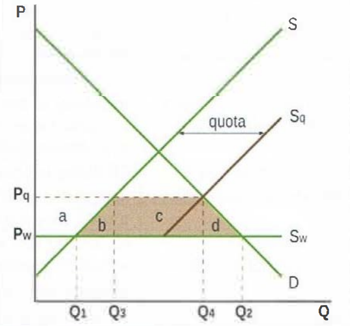 <ul><li><p>Domestic producers gain as Q produced goes up from Q1 to Q3, P received goes up from Pw to Pq</p></li><li><p>Workers gain as domestic employment goes up due to increased production</p></li></ul><p></p><ul><li><p>Government unaffected: no revenues or spending </p></li></ul><p></p><ul><li><p>Domestic consumers lose: Q bought down from Q2 to Q1 and paid up from Pw to Pq</p></li><li><p>Domestic society loses: there is inefficiency in production since higher cost firms are protected by higher P</p></li><li><p>Allocative inefficiency: shown by welfare loss = brown area (b+c+d) (consumer surplus lost = a+b+c+d; producer surplus gained = a; net loss = b+c+d, since revenues = c, are usually taken by exporting countries</p></li></ul><p></p>