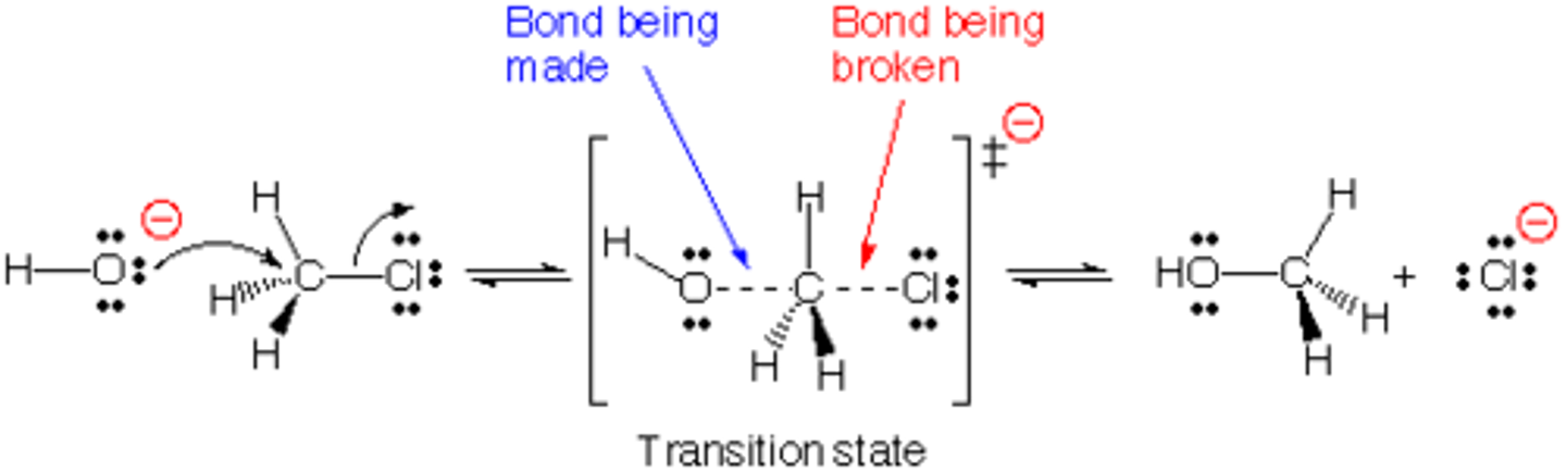 <p>two reactants interact in one step</p><p>nucleophile attacks substrate with simultaneous expulsion of the leaving group</p>