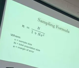 <p>n = N/(1+Ne²)</p><ul><li><p>n = sample size</p></li><li><p>N = total population size</p></li><li><p>e = margin of error</p></li></ul><p></p>