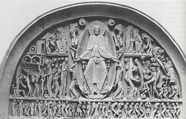 <p>Autun, France<br>c. 1120-1130; sculpted by Gislebertus; west portal, Cathedral of Saint-Lazare; <br>Shows the last judgment with believers going to heaven and nonbelievers being dragged down to hell; Romanesque art</p>