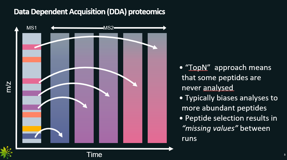 <p>technique that selects the most abundant peptides from the MS1 scans for the MS2.</p><p>In the graph, darker colours mean higher intensity.</p><p>Pros: </p><ul><li><p>Simple</p></li></ul><ul><li><p>We can assume that all peaks in MS2 scan correspond to one peptide.</p></li></ul><p>Cons:</p><ul><li><p>Bias towards the higher abundance peptides.</p></li><li><p>When doing experiments where the protein concentrations change over time, we might miss important data (missing value problem).</p></li></ul><p></p>