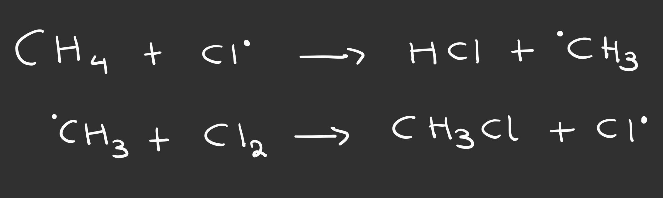 <ul><li><p>Methyl free radicals react with Cl2 to form the halogenoalkane and another Cl free radical</p></li></ul><p></p><ul><li><p>Cl free radical is regenerated so reacts with more alkane molecules in a chain reaction</p></li></ul>