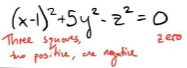 <p>3 squares (two positive, one negative), 0 output (ex. (x-1)² + 5y² - z² = 0)</p>
