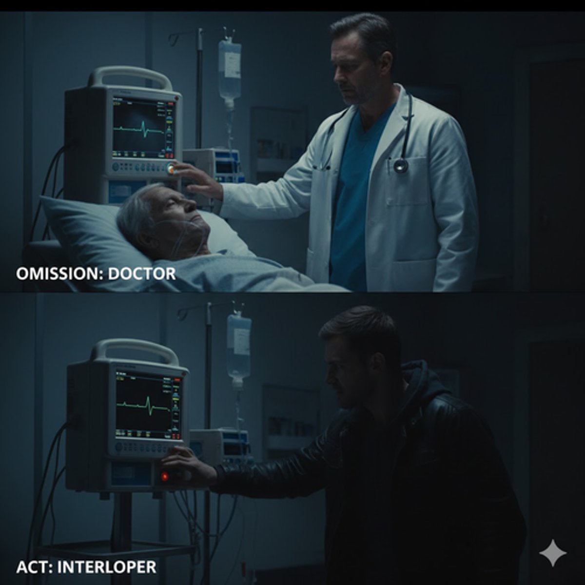 <p>Chapter: Homicide (Homicide Defined: Acts, Omissions and Homicide)</p><p>Principle: A doctor switching off a life support machine is an omission, while an interloper switching off a life support machine is an act.</p>