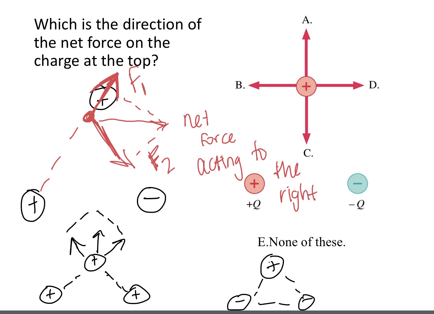 <p>Which is the direction of the net force on the charge at the top?</p><p>A,B,C,D, or E. none of these</p><img src="blob:null/6128777d-a3e7-4c85-9f1f-9e9a413df04f">