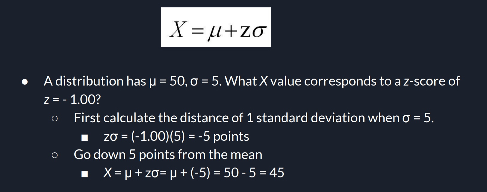 <ol><li><p>Take your Population Mean and add to your calculated/multiplied z-Score and Population SD</p></li><li><p>Once you calculated that all together, you have your z-Score to Raw Score</p></li></ol><p></p>