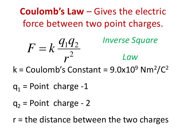 <p>F = k(q1q2/r^2)</p><p>- q1 and q2 are respective amounts of charge carried.</p><p>- k = electrostatic constant</p><p>- r = distance between the two objects</p><p>The objects exert equal forces on each other (so object 2 exerts the same amount of force on object 1 and object 1 does on object 2)</p><p>- The force between charged particles is dependent on TWO factors:</p><p>1) The distance between particles</p><p>2) the amount of electric charge they carry</p><p>Specifically, the force is DIRECTLY RELATED to the product of the two charges.</p><p>Force is inversely related to distance between objects (if distance increases, force will decrease).</p><p>Distance affects force more than charge.</p>