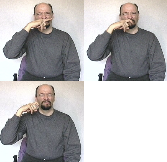 <p>“1”-handshape (a straight index finger) into a&nbsp;“X”-handshape (a bent index finger) w/ facial expressio</p>