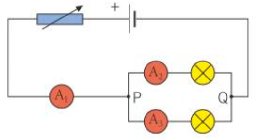 <p>A1 = A2 + A3</p><p>The total current through the whole circuit is the sum of the currents through the separate branches.</p>