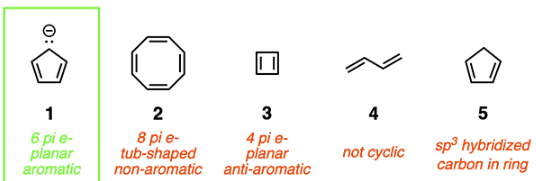<p>A</p><p>The&nbsp;<strong>rules for aromaticity</strong>&nbsp;are as follows:</p><p>1. The compound must be&nbsp;cyclic.</p><p>2. The ring must be fully&nbsp;conjugated&nbsp;and&nbsp;planar (none of the atoms can be sp<sup>3</sup>&nbsp;hybridized).</p><p>3. The system must satisfy&nbsp;Huckel’s rule (# of pi electrons = 4n + 2, where n is any integer).</p><p><span>If a compound satisfies all the above rules, it is <strong>aromatic</strong>. If a compound satisfies all the rules except Huckel’s rule, it is <strong>anti-aromatic</strong>. If a compound fails to satisfy the first two rules, it is<strong> non-aromatic</strong>. </span>Compound 1<span> is the only compound that satisfies all three rules, as shown below. Note that the negatively charged carbon may seem sp<sup>3</sup> hybridized, but it is actually sp<sup>2</sup>&nbsp;hybridized because the lone pair is delocalized around the ring.</span></p>