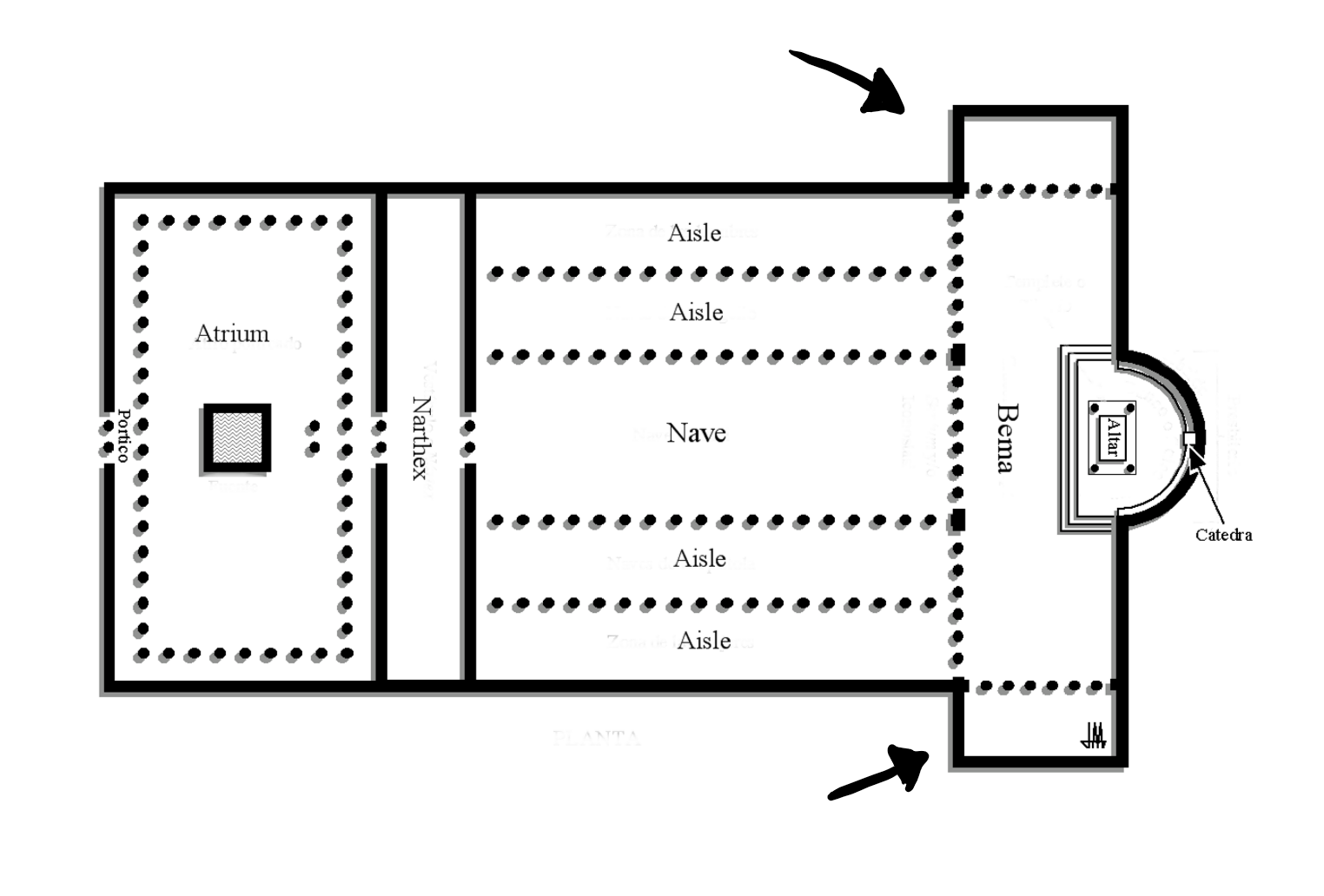 Section of the church before the alter that extend outwards. 