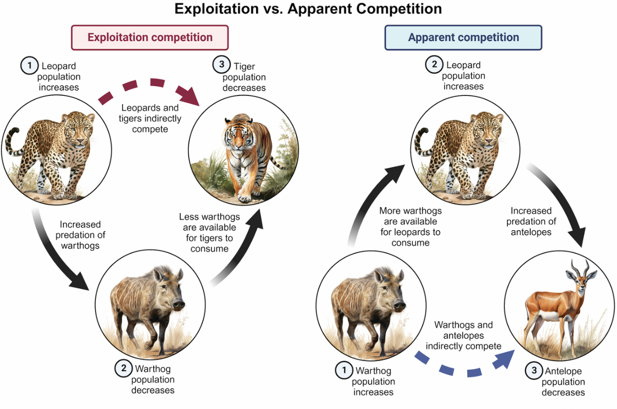<p><strong>B. exploitation competition | </strong>indirect competition that occurs when a shared resource like territory, prey, or food is depleted; </p><p><em>C. apparent competition is indirect competition, where the growth of one species leads to a decline in anode because of a shared predator</em></p>