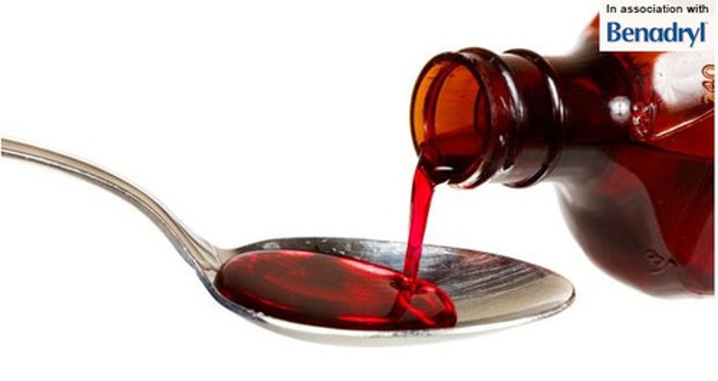 <p>syrup ( a sugar is dissolved in a liquid medication and flavored to disguise the taste)</p>