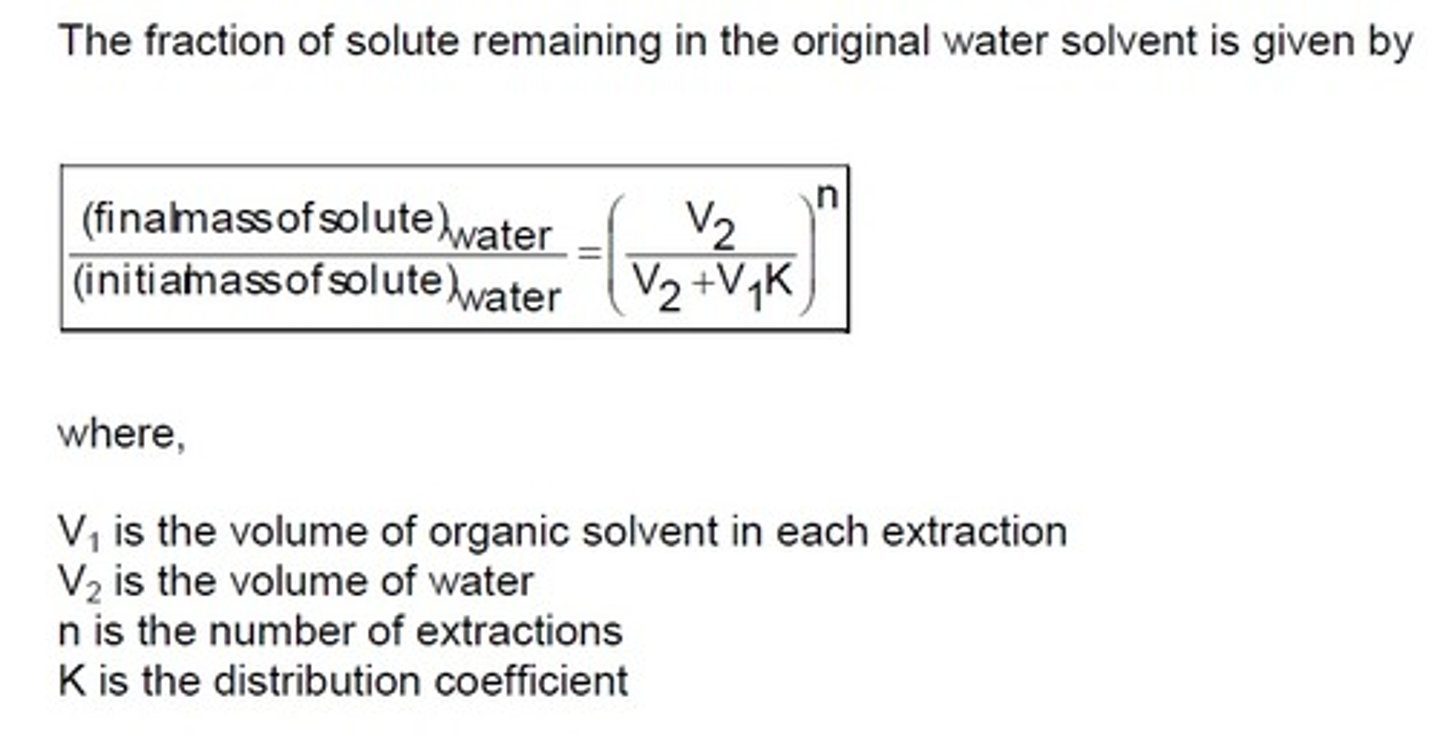 <p>final/initial = v2/(v2+v1K)^n</p><p>v1= vol of organic solvent</p><p>v2= og vol of water</p>