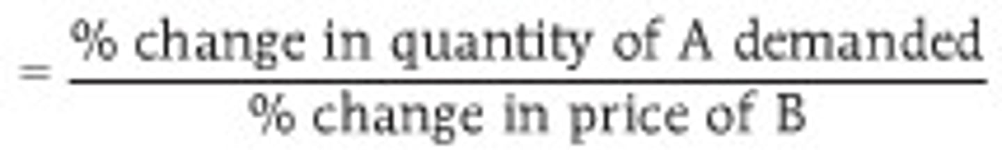 <p>shows how sensitive a product is to a change in a price of another good; shows if two goods are substitutes or complements</p>