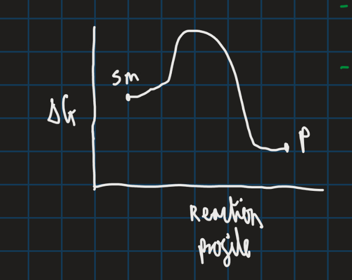 <ul><li><p>Kinetics focuses on rate of reaction and factors that influence it like temp, conc and catalysts</p></li><li><p>Thermodynamics deals with energy changes that occur during a reaction and the equilibrium state it reaches (diagram below shows reaction profile of thermodynamics)</p></li></ul><p></p>