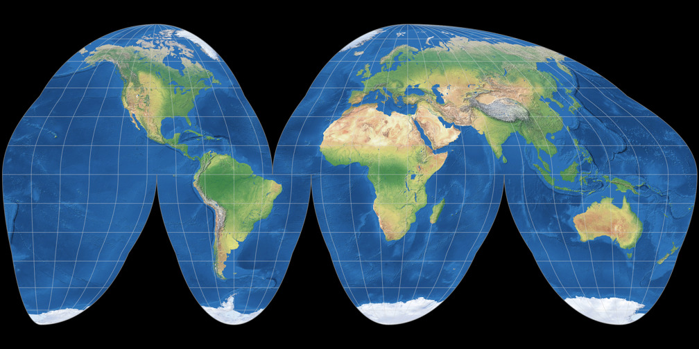 <p>r<strong>obinson projection + goode’s homolosine projection</strong></p><p>goode is on this side of the flashcard</p>