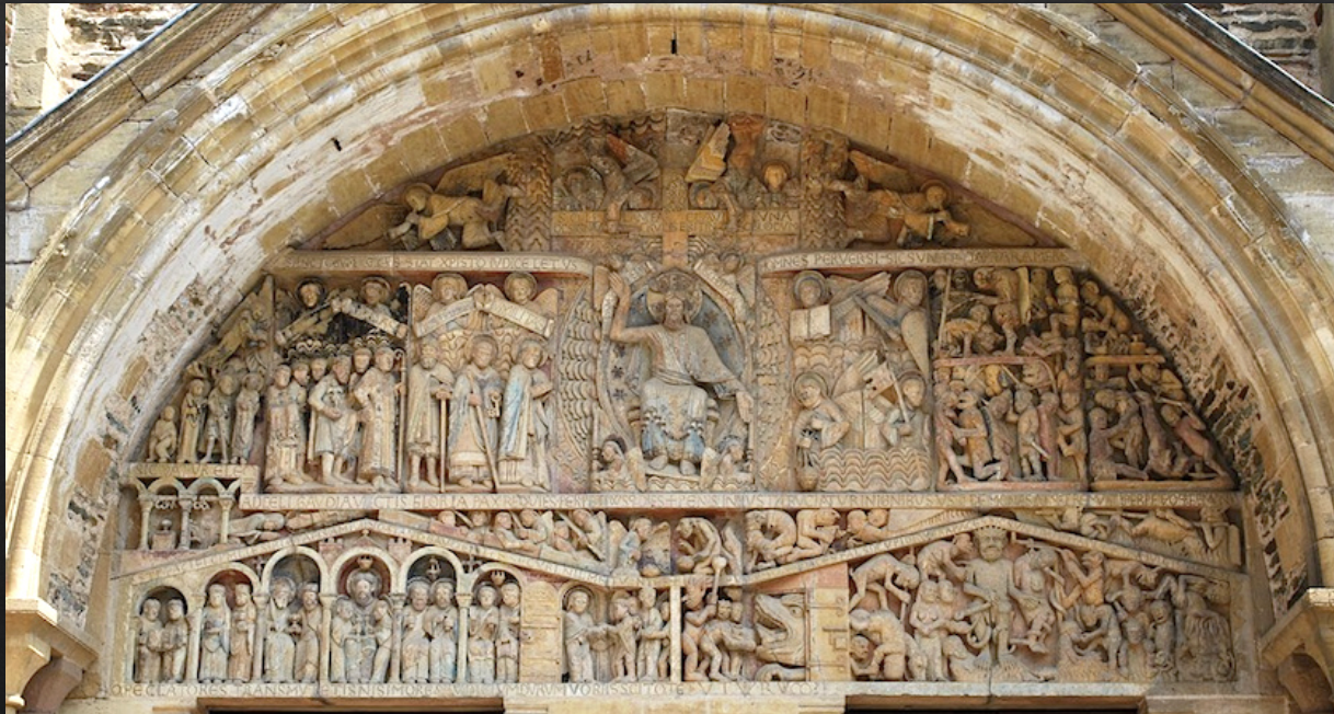 <p>(Tympanum of Sainte Foy)</p><ul><li><p>the semicircular area enclosed by arches and a pediment</p></li><li><p>usually decorated with sculpture (bas relief) during Romanesque and Gothic eras</p></li></ul><p></p>