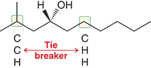 <p>You look at the atom next to it to break the tie and whichever has the bigger atomic mass, you assign it to that</p>