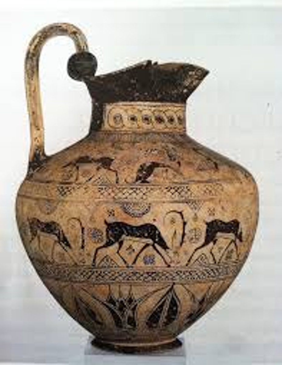 <p>a Greek wine jug with a round mouth and a curved handle</p>