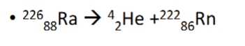 <p>type of radioactive decay → release of heavy atomic particle consisting of two neutrons and two protons (electrons must be lost to regain charge balance), dropping atomic number by 2 and atomic mass by 4 → happens in basements of areas rich in granitic rocks, need for radon detectors</p>