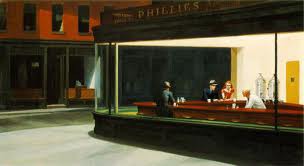 <p>Painting</p><p>Night Hawks</p><p>1942</p><p>70 portrays people in a downtown diner late at night as viewed through the diner&apos;s large glass window. Also portrayed are the exteriors of the urban structures across the street from the diner.</p><p>Other Fact: 1 cent Phillies are mentioned a lot. There is a version of this with Marilyn Monroe called the &quot;Boulevard of Broken Dreams&quot;</p>