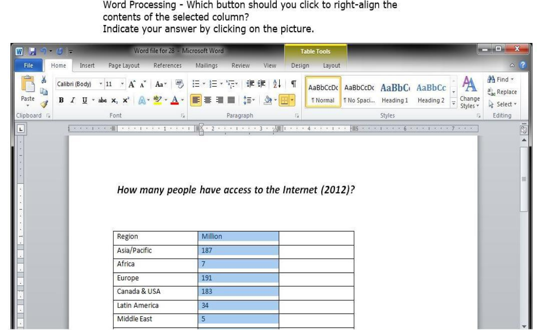 <p>Which button should you click to right-align the contents of the selected column?</p>