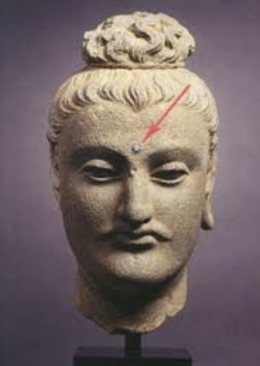 <p>a circle or dot between the brows of a deity, sometimes represented as a focal point</p>