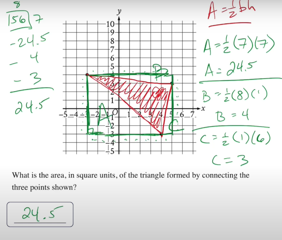 <p>For a shaded region problem like this  its best to use other shapes that you can make to solve the problem<br><br>first trace it into a triangle then ralize the triangle is a part of a rectangle. then find the area of the rectangle. then section the square into 3 triangels then find the area for them then subtract those areas from the rectangle </p>