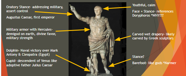 <p>“Augustus of Prima Porta” Imperial Roman, 1st Cent. CE; Marble</p><p>FUNCITON - POLITCAL PROPAGANDA</p><ul><li><p>controls image of ruler</p></li></ul><p></p>