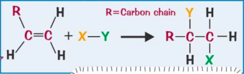 <ul><li><p>Atoms added to a double or triple bond</p></li><li><p>Alkene or Alkyne undergoing an addition reaction means breaking down the double or triple bond</p></li></ul><p>TO RECOGNIZE: Two reactants make ONE product</p><p>Common atoms that can be added to an alkene and alkyne are H and OH (from water), H and X (where X=halogen)</p>