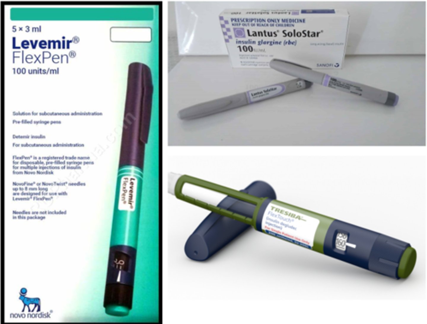 <p>- Levemir (Detemir)</p><p>- Lantus (Glargine)</p><p>- Tresiba (Degludec) => ultra-long acting (>30 hrs)</p>