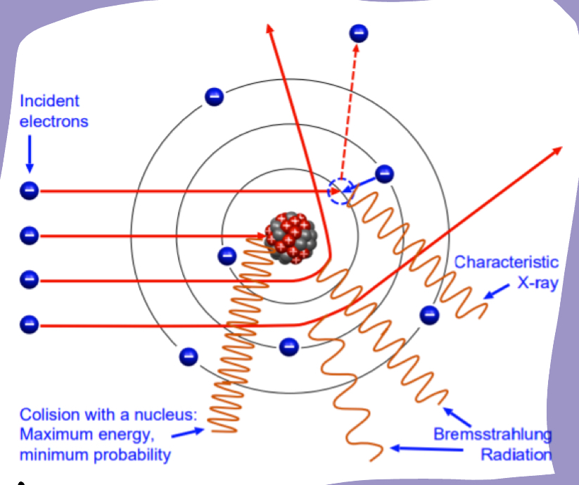 <p>The incident electrons interacts with other particles inside the atom which make it deviate from its path and conseqently release Bremsstrahlung radiation. </p>