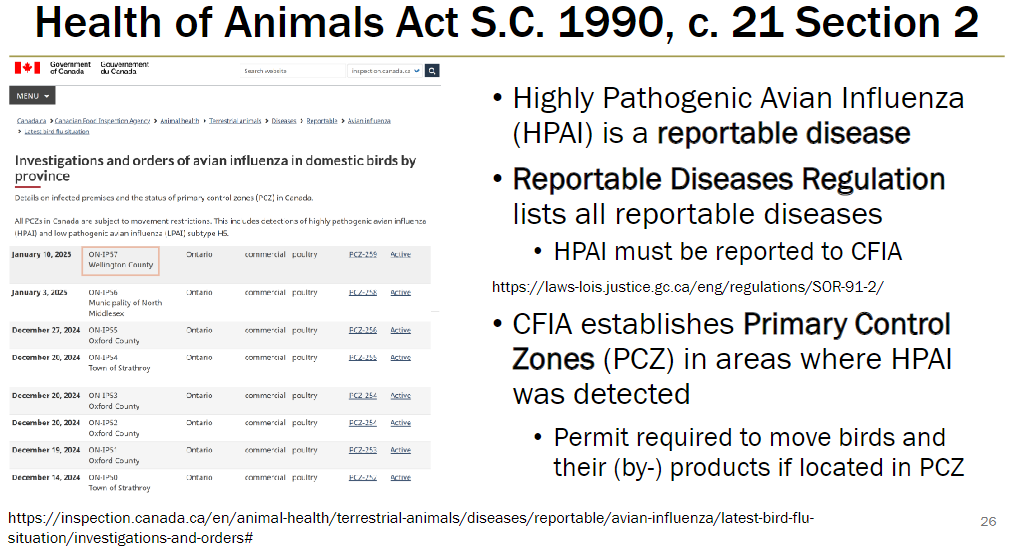 <p><strong>Reportable Disease</strong><br> HPAI is listed under the Reportable Diseases Regulation<br> Must be reported to CFIA</p><p><strong>Control Measures</strong><br> CFIA establishes Primary Control Zones (PCZ) in areas with HPAI detection<br> Permit required to move birds or their by-products within PCZ</p><p><strong>Legal Basis</strong><br> Health of Animals Act S.C. 1990, c. 21 Section 2</p>